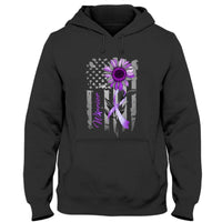 Fibromyalgia Warrior Awareness Shirt, Purple Ribbon Sunflower American Flag