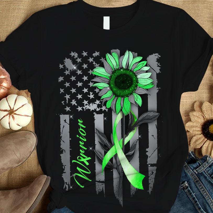 Glaucoma Warrior Awareness Shirt, Green Ribbon Sunflower American Flag