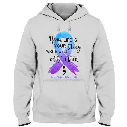 Tu vida es tu historia, camiseta con lazo y punto y coma para concienciar sobre la prevención del suicidio