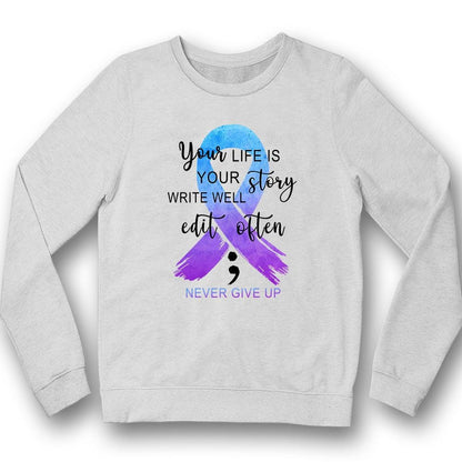 Tu vida es tu historia, camiseta con lazo y punto y coma para concienciar sobre la prevención del suicidio