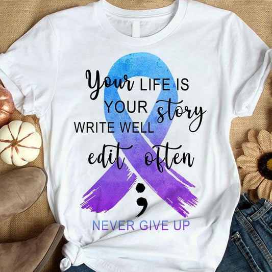 Tu vida es tu historia, camiseta con lazo y punto y coma para concienciar sobre la prevención del suicidio
