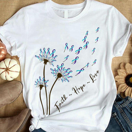 Camiseta con mensaje de fe, esperanza, amor y lazo de diente de león para concienciar sobre la prevención del suicidio