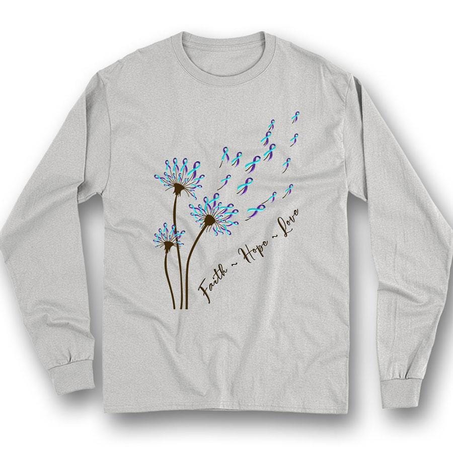 Camiseta con mensaje de fe, esperanza, amor y lazo de diente de león para concienciar sobre la prevención del suicidio