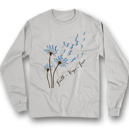Camiseta con mensaje de fe, esperanza, amor y lazo de diente de león para concienciar sobre la prevención del suicidio