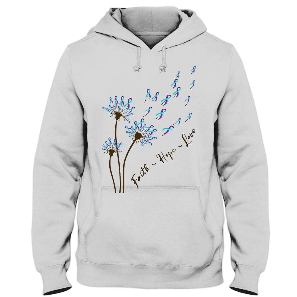 Camiseta con mensaje de fe, esperanza, amor y lazo de diente de león para concienciar sobre la prevención del suicidio