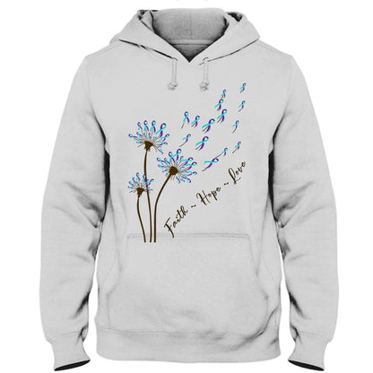 Camiseta con mensaje de fe, esperanza, amor y lazo de diente de león para concienciar sobre la prevención del suicidio