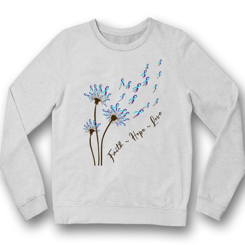 Camiseta con mensaje de fe, esperanza, amor y lazo de diente de león para concienciar sobre la prevención del suicidio