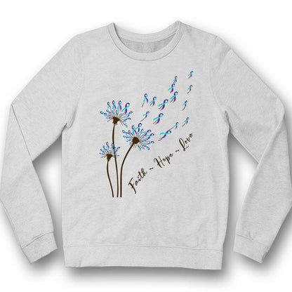 Camiseta con mensaje de fe, esperanza, amor y lazo de diente de león para concienciar sobre la prevención del suicidio