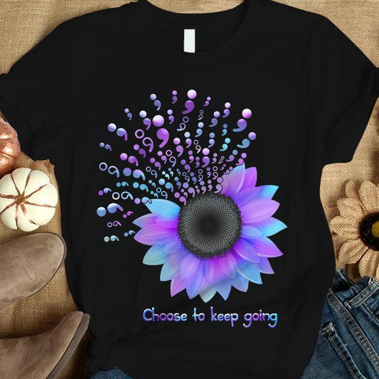 Elige seguir adelante, girasol, punto y coma, camiseta de concienciación sobre la prevención del suicidio