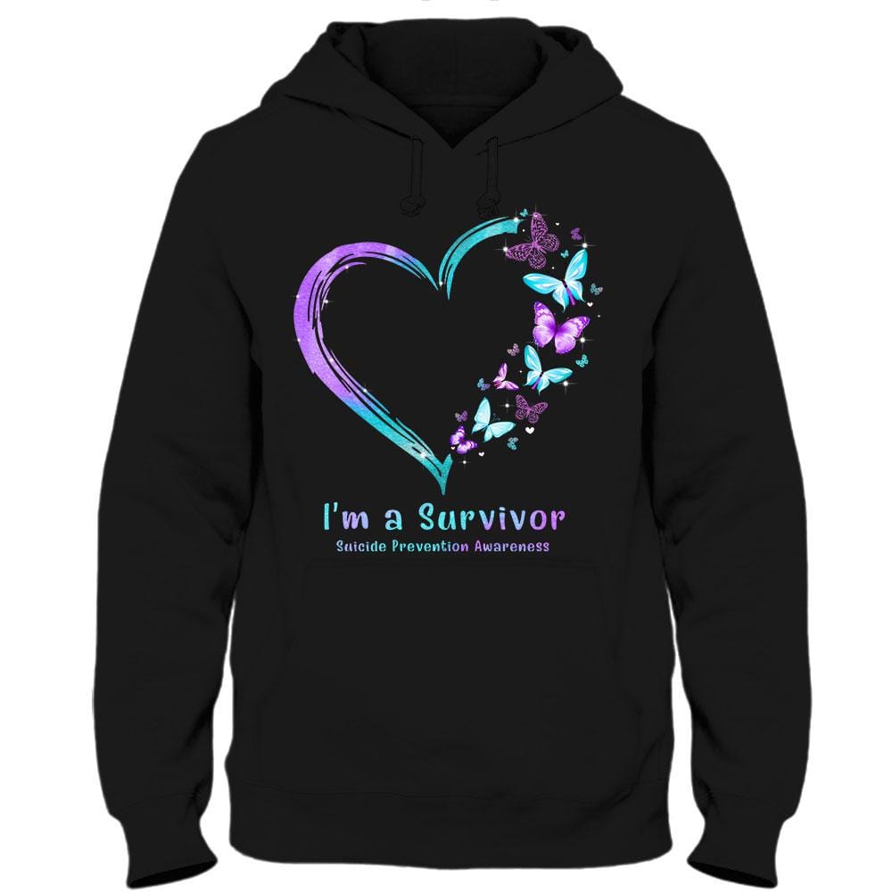 Camiseta con el mensaje "Soy un sobreviviente" para concienciar sobre la prevención del suicidio y el corazón de mariposa