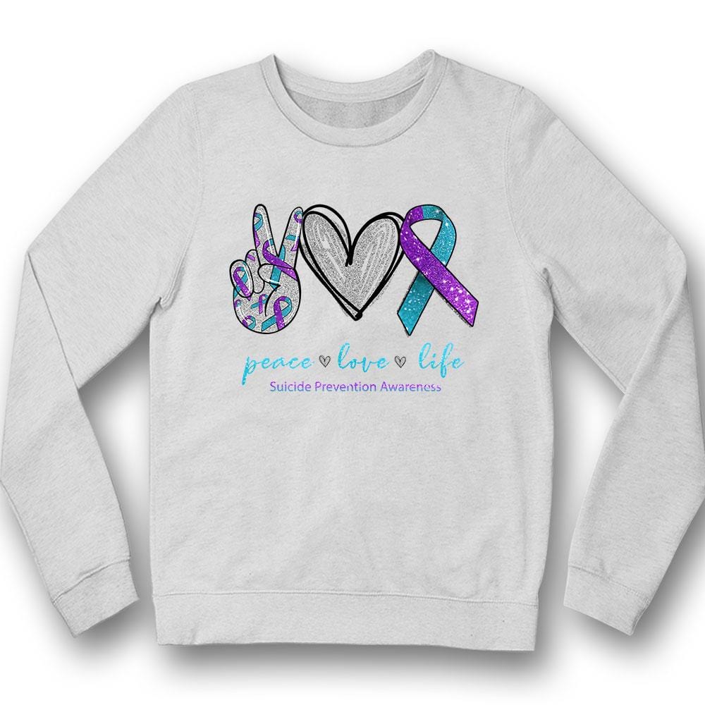 Camiseta de apoyo para la prevención del suicidio, paz, amor y vida, lazo en forma de corazón