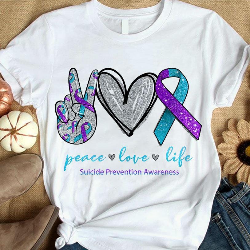 Camiseta de apoyo para la prevención del suicidio, paz, amor y vida, lazo en forma de corazón