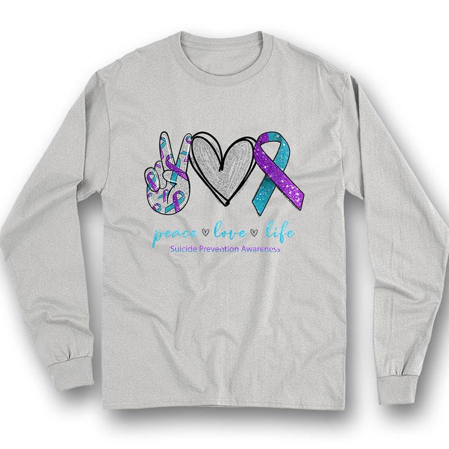 Camiseta de apoyo para la prevención del suicidio, paz, amor y vida, lazo en forma de corazón