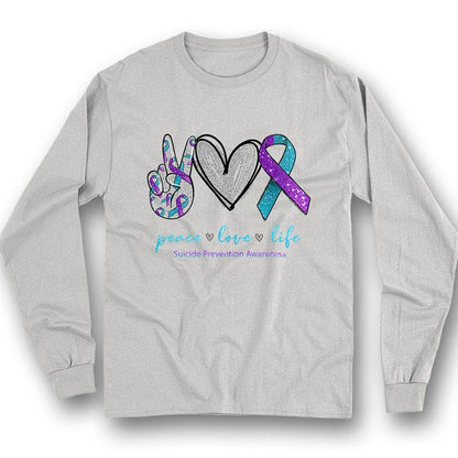 Camiseta de apoyo para la prevención del suicidio, paz, amor y vida, lazo en forma de corazón
