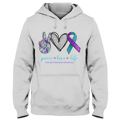 Camiseta de apoyo para la prevención del suicidio, paz, amor y vida, lazo en forma de corazón