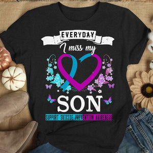 Todos los días extraño a mi hijo, camiseta de concienciación sobre la prevención del suicidio, cinta con forma de corazón y flor