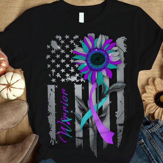 Camiseta de apoyo para la concientización sobre la prevención del suicidio, cinta con girasol y bandera estadounidense