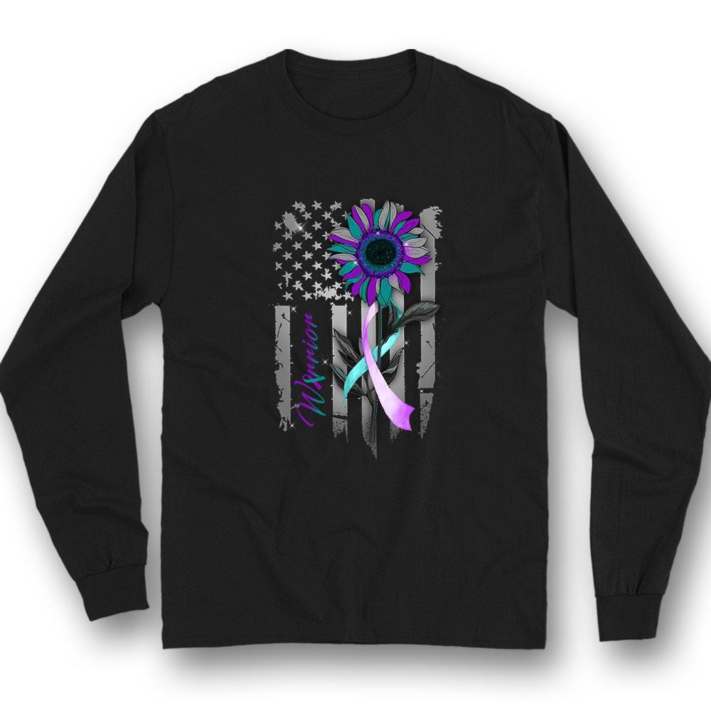 Camisetas de manga larga con cinta y girasol, bandera estadounidense, para prevenir el suicidio