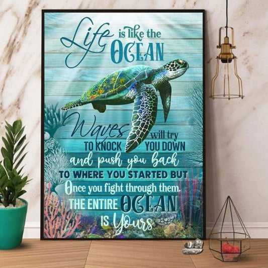 Póster La vida es como la tortuga marina del océano, lienzo