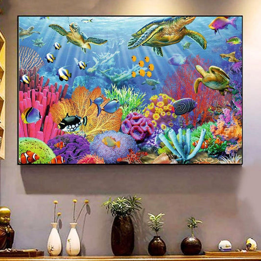 Póster de tortuga marina y peces de colores en el océano, lienzo