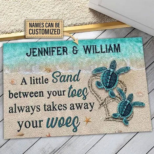 Felpudo personalizado de bienvenida con forma de tortuga Un poco de arena entre los dedos de los pies