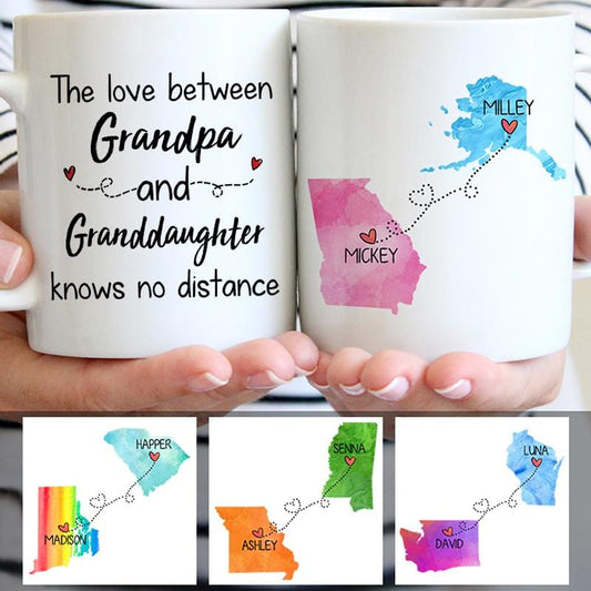 Taza personalizada para el Día del Padre con el mensaje "Abuelo y nieta, el amor no conoce distancias"