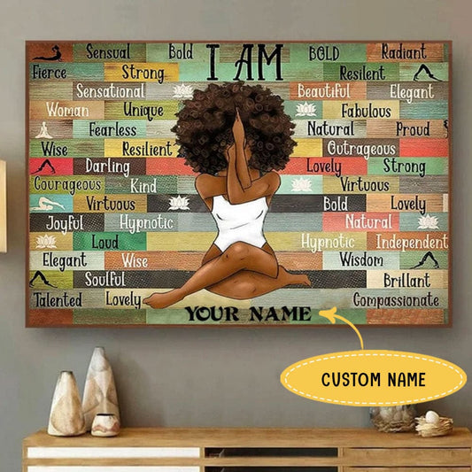 Póster de yoga personalizado de una chica afroamericana negra, lienzo