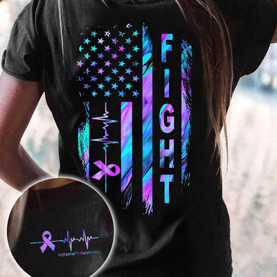 Fight Purple Ribbon, American Flag & Heartbeat With Front And Back Printing, Alzheimer's Awareness Shirt