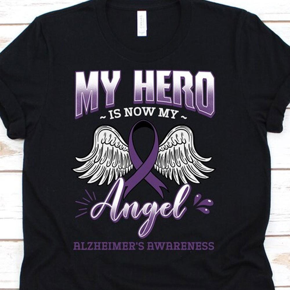 Mi héroe es ahora mi ángel, alas de cinta morada, camiseta de concienciación sobre el Alzheimer