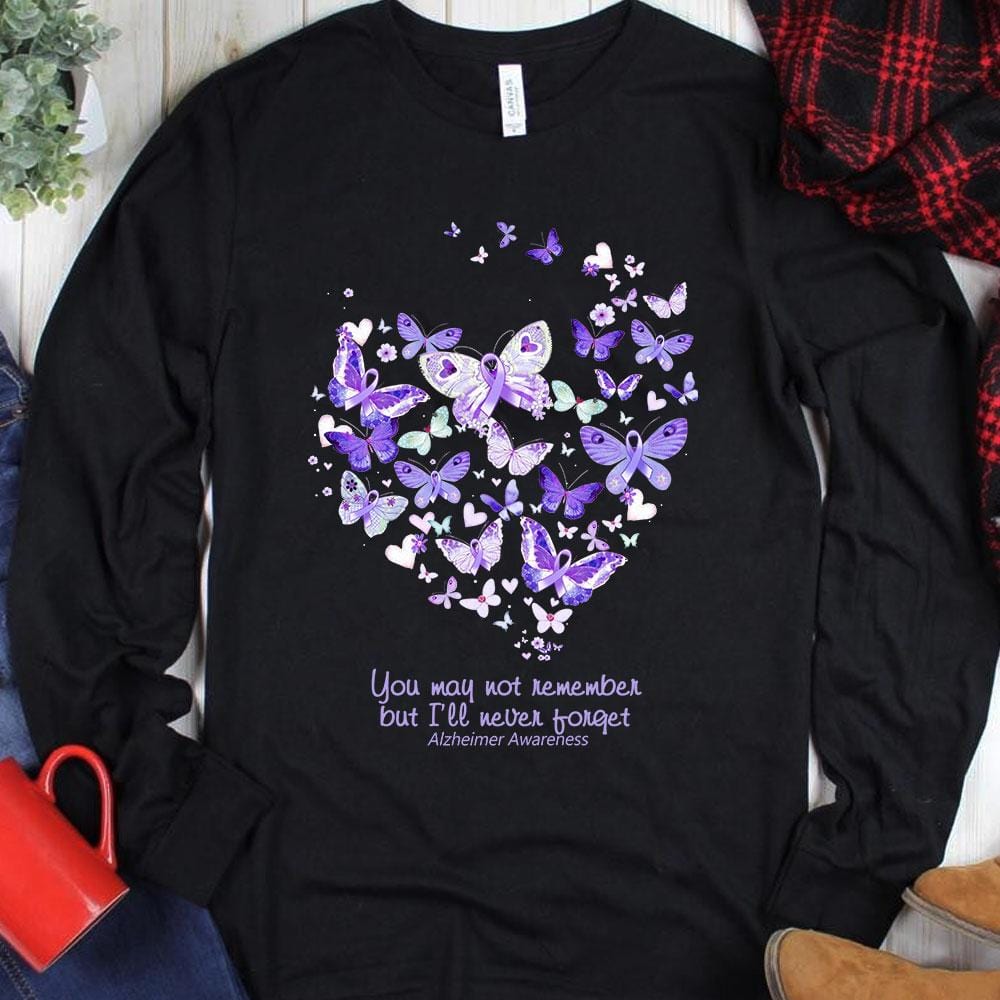 Puede que no lo recuerdes, pero yo nunca lo olvidaré. Sudadera con capucha y camiseta con corazón de mariposa y Alzheimer