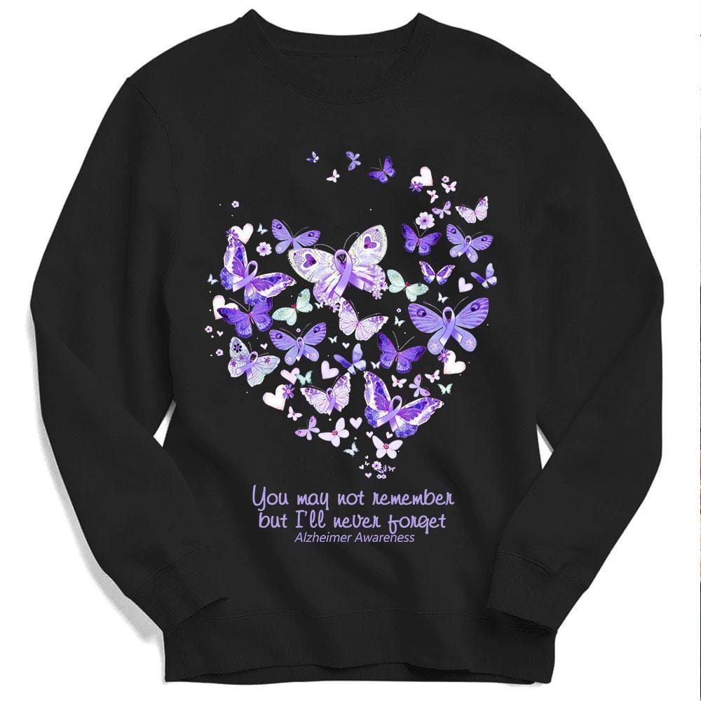 Puede que no lo recuerdes, pero yo nunca lo olvidaré. Sudadera con capucha y camiseta con corazón de mariposa y Alzheimer