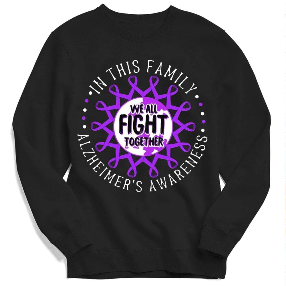 En esta familia luchamos todos juntos, sudadera con capucha y camiseta con lazo morado y Alzheimer