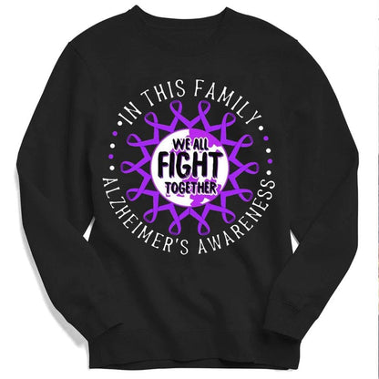 En esta familia luchamos todos juntos, sudadera con capucha y camiseta con lazo morado y Alzheimer