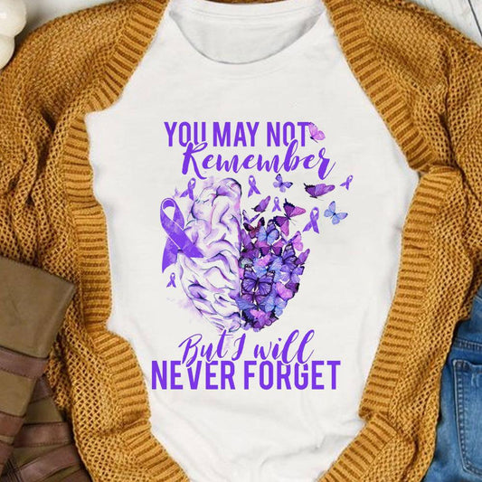 Puede que no lo recuerdes, pero yo nunca lo olvidaré. Camiseta de concienciación sobre el Alzheimer con cerebro de mariposa