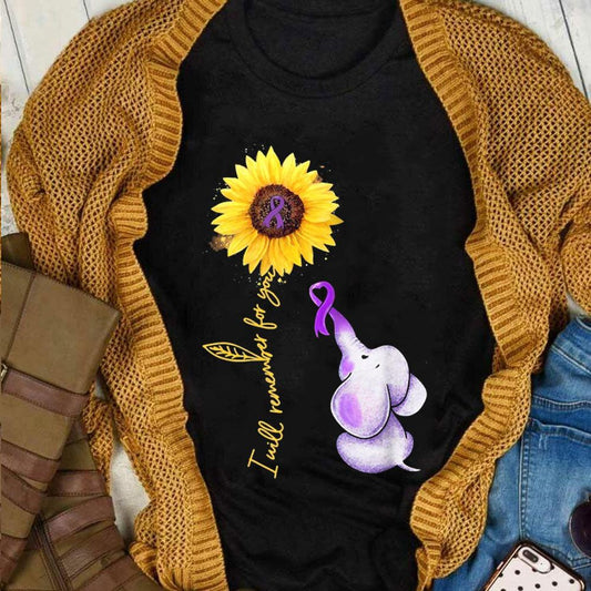 Lo recordaré por ti con elefante y girasol, camiseta de concienciación sobre el Alzheimer, camisetas sobre la demencia