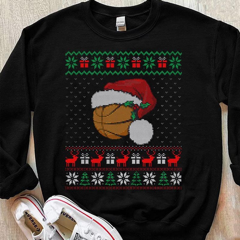 Camisetas navideñas feas de baloncesto con gorro de Papá Noel