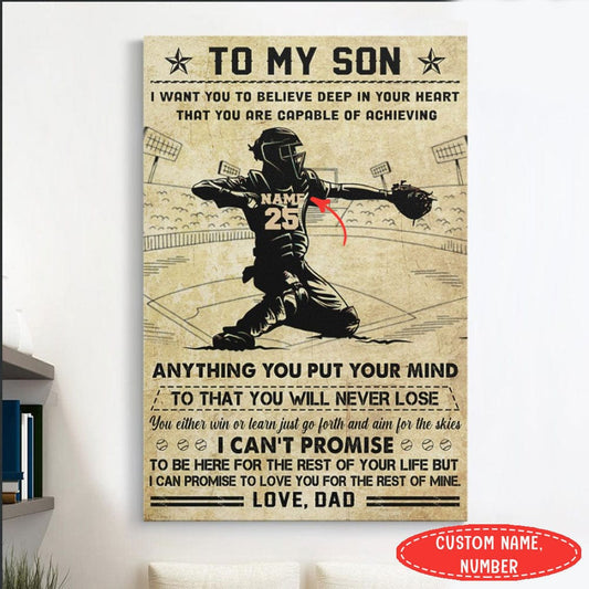 Póster de béisbol personalizado "Para mi hijo, con amor de papá" en lienzo