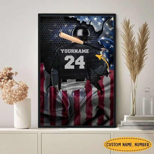 Póster de béisbol personalizado con la bandera estadounidense, lienzo