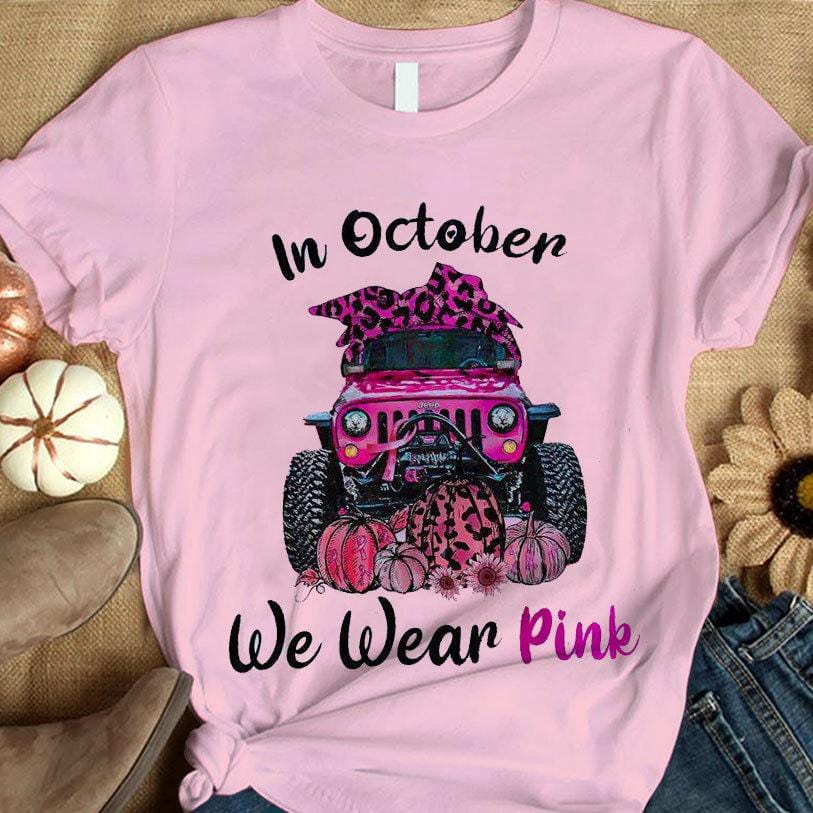 Camisetas contra el cáncer de mama En octubre usamos un coche de calabaza rosa, camisetas del mes de concientización sobre el cáncer de mama