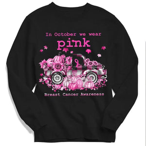 En octubre usamos un coche de calabaza rosa Sudadera con capucha y camiseta contra el cáncer de mama de Halloween