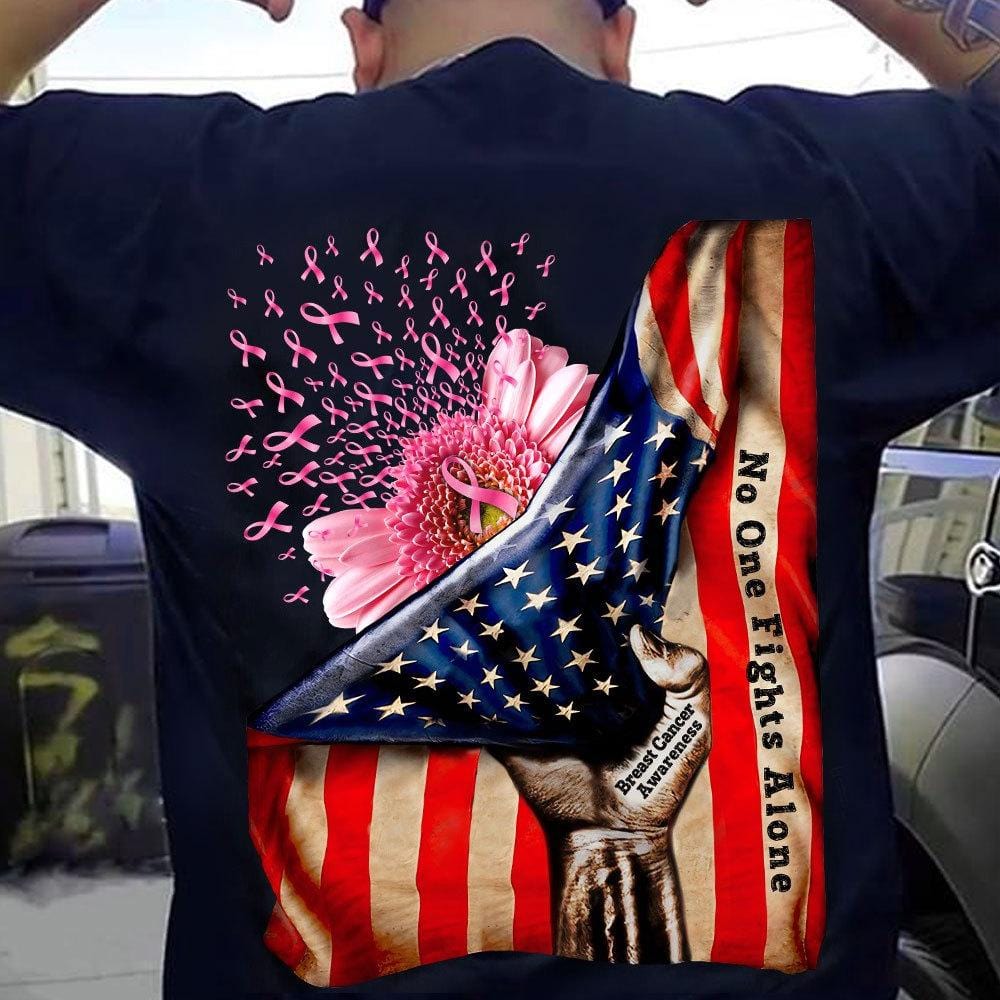No One Fights Alone, American Flag Breast Cancer Shirts