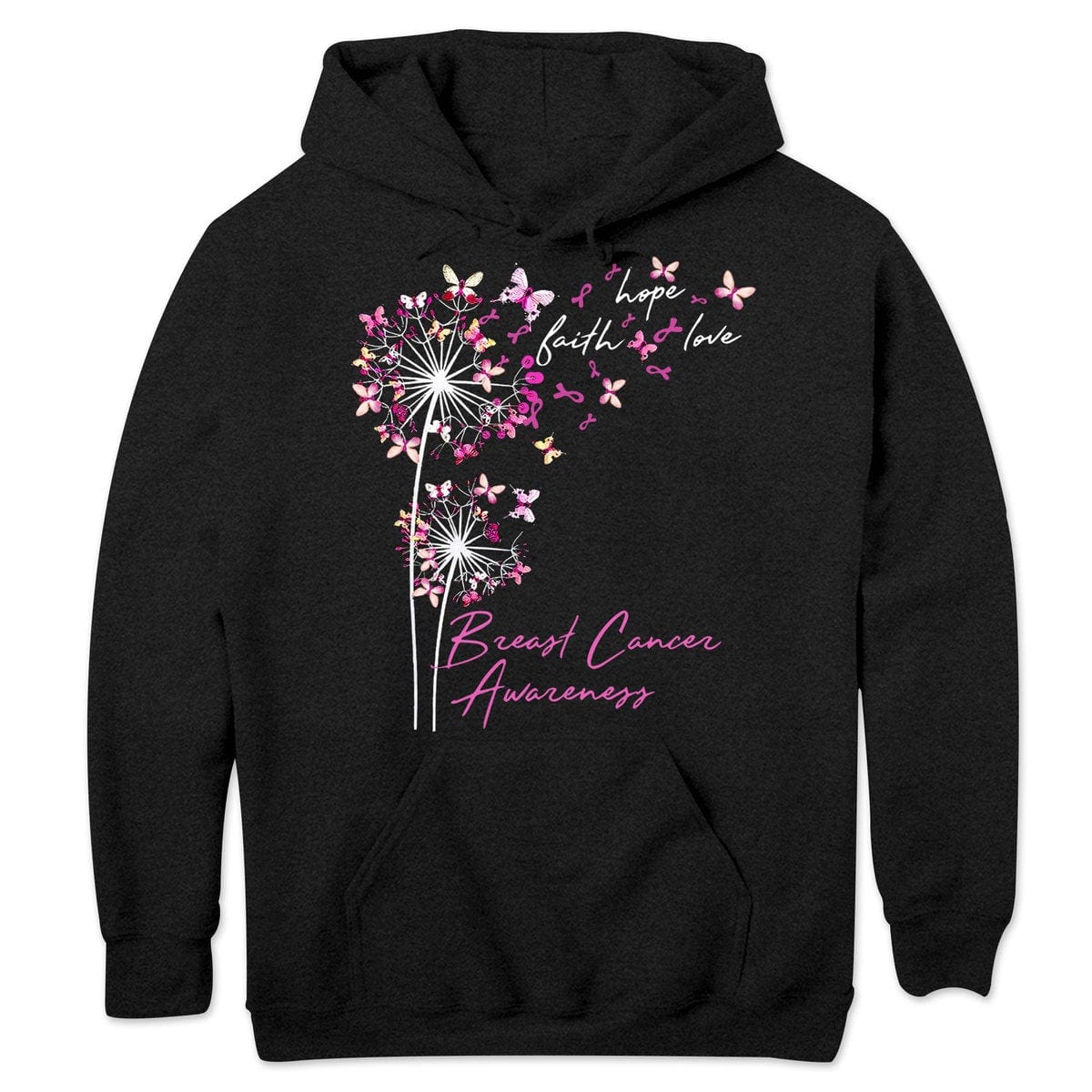 Sudadera con capucha, camisetas y mensaje sobre el cáncer de mama, fe, esperanza y amor con mariposa y diente de león