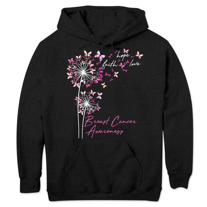 Sudadera con capucha, camisetas y mensaje sobre el cáncer de mama, fe, esperanza y amor con mariposa y diente de león