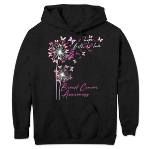 Faith Hope Love With Butterfly Dandelion Breast Cancer Long Sleeve Shirts