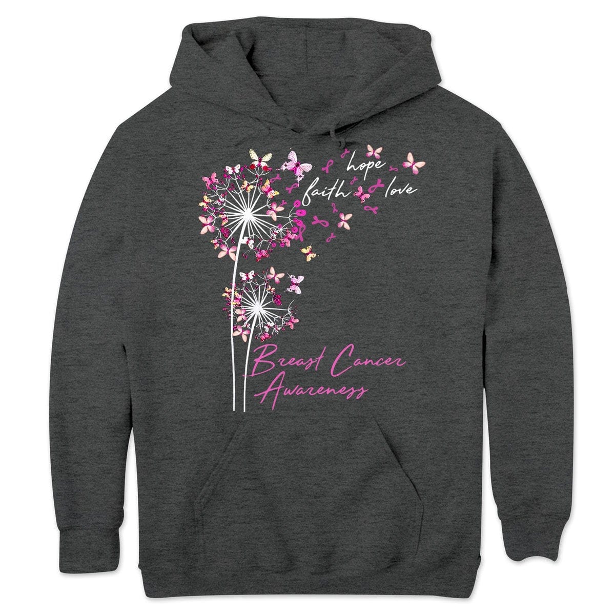 Sudadera con capucha, camisetas y mensaje sobre el cáncer de mama, fe, esperanza y amor con mariposa y diente de león