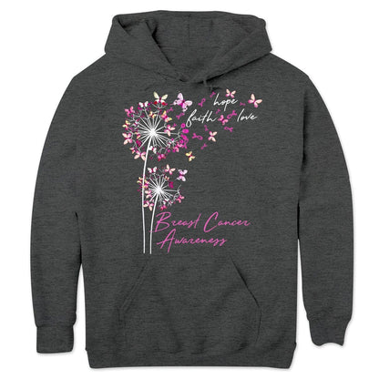 Sudadera con capucha, camisetas y mensaje sobre el cáncer de mama, fe, esperanza y amor con mariposa y diente de león