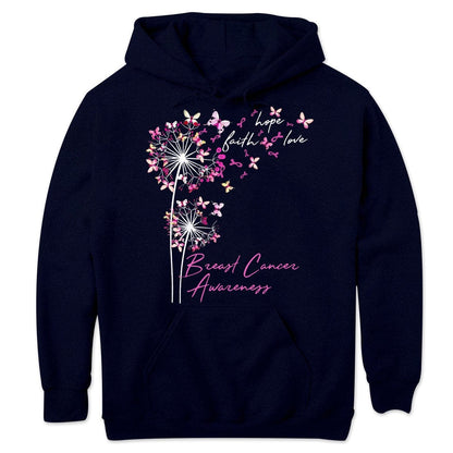 Sudadera con capucha, camisas y mensaje sobre el cáncer de mama, fe, esperanza y amor con mariposa y diente de león