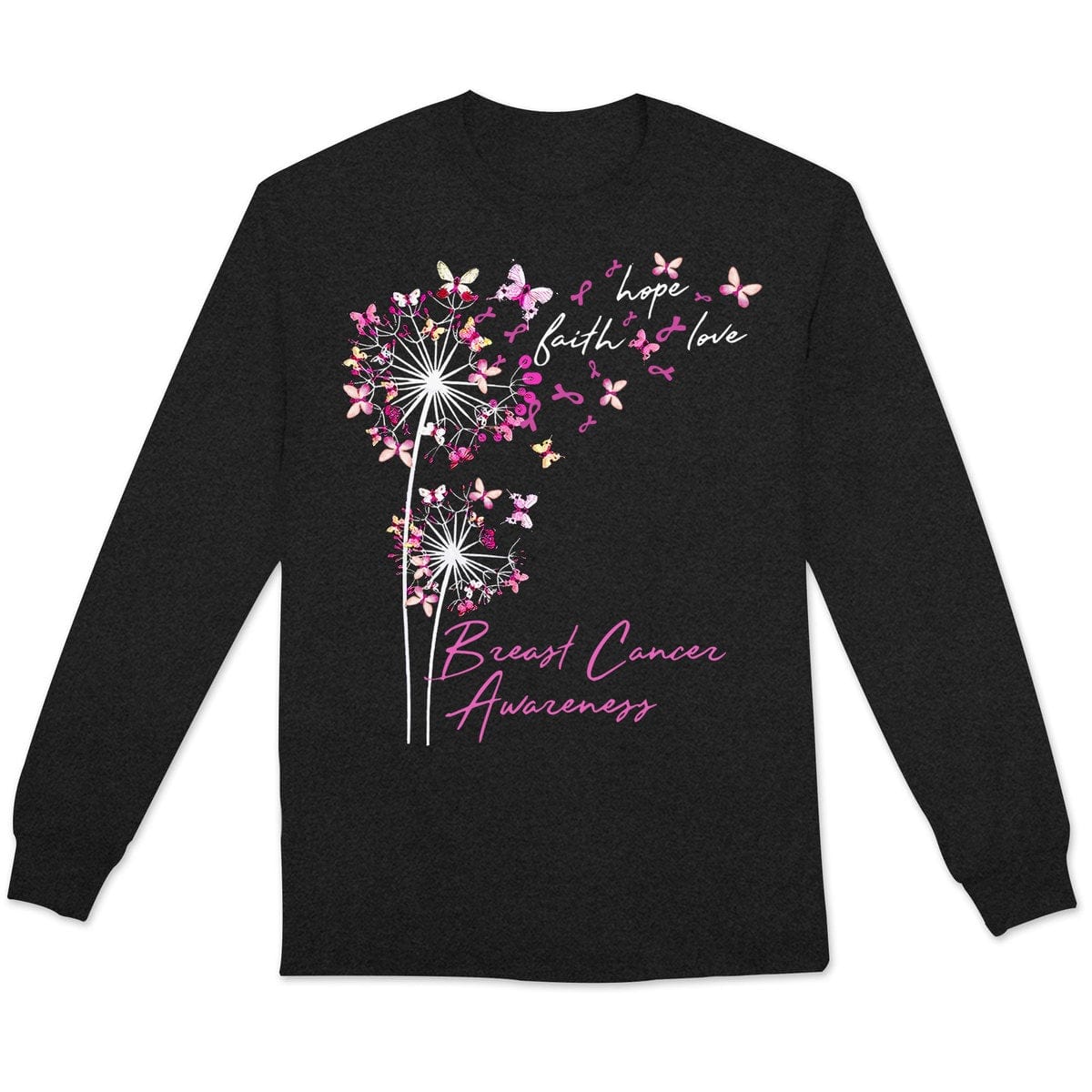 Sudadera con capucha, camisetas y mensaje sobre el cáncer de mama, fe, esperanza y amor con mariposa y diente de león