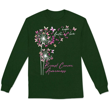 Sudadera con capucha, camisas y mensaje sobre el cáncer de mama, fe, esperanza y amor con mariposa y diente de león