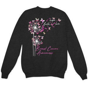 Faith Hope Love With Butterfly Dandelion Breast Cancer Long Sleeve Shirts